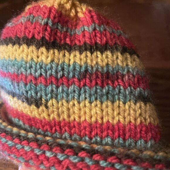 Hand Knit Newborn Infant Winter Hat, Cap Hippie Boho Multicolor Stripes ￼ - Picture 3 of 4